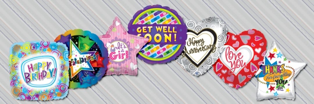 Assorted foil balloons with birthday, get well, anniversary, love, and thank you messages