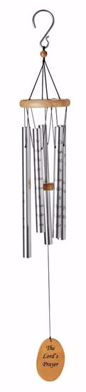Hanging wind chime with metal tubes and a wooden prayer plaque