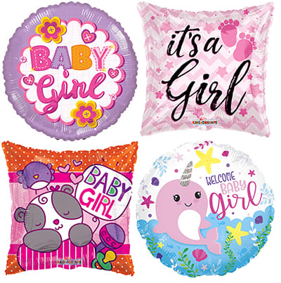 Four baby-themed foil balloons with girl and boy designs