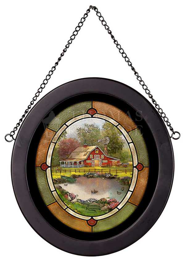 Round hanging stained-glass-style panel with a farm scene