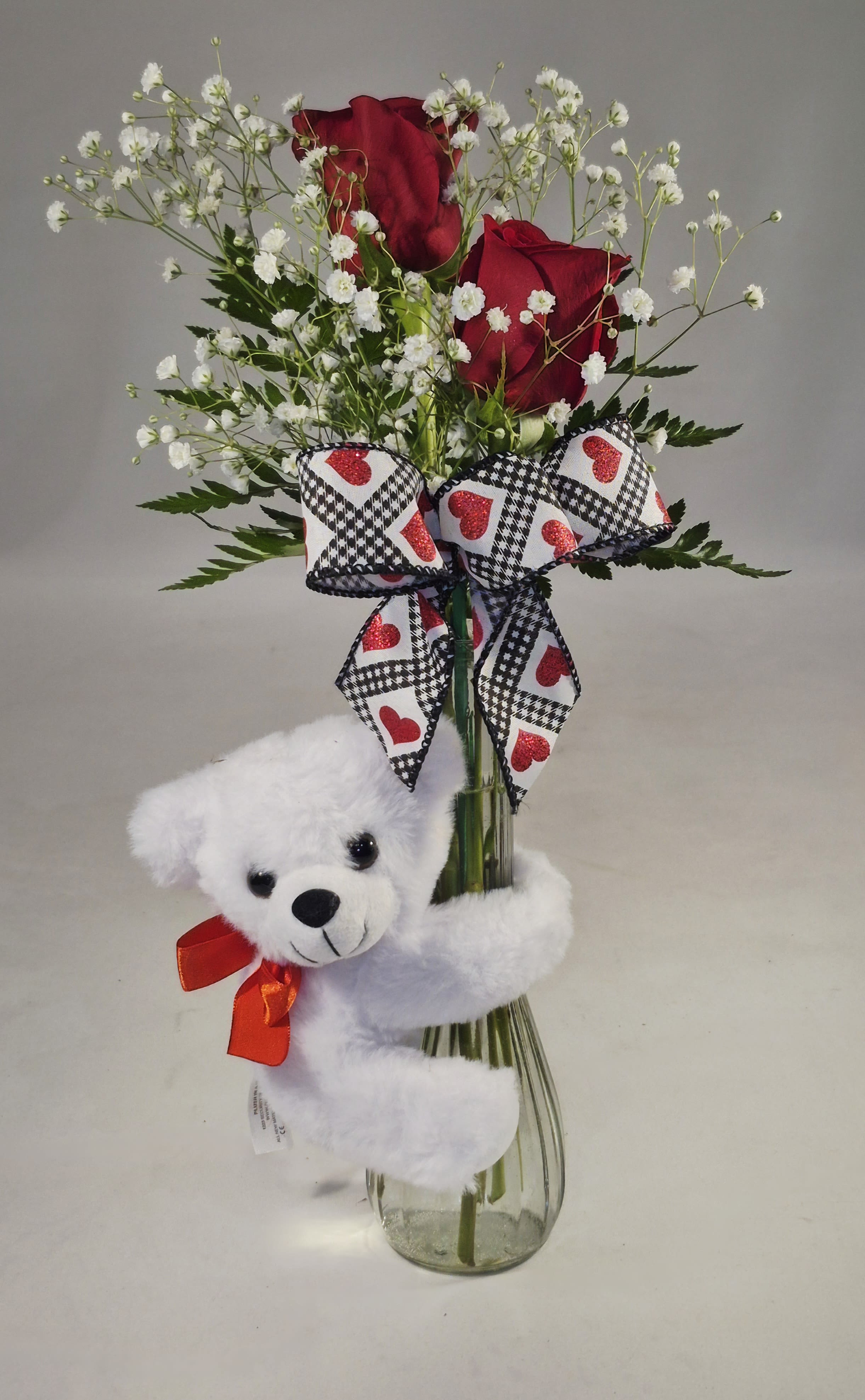 Classic Red Rose Bud Vase &amp; Hugging Bear - Adorable 5.5" white bear hugs the bud vase that is adorned with 2 red roses. 