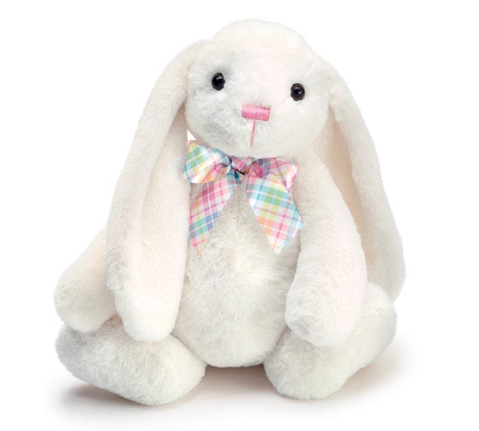 13" PLUSH WHITE BUNNY WITH PLAID BOW TIE - A cuddly white plush bunny with long floppy ears creates an immediate sense of comfort and springtime cheer - perfect as a companion gift for a birthday bouquet, baby celebration, or a get-well arrangement. The 13" size reads as both huggable and display-friendly, and the pastel plaid bow tie ties the look to Easter, new baby showers, and any occasion where you want the recipient to feel gently cared for.  This soft bunny features small black button-style eyes and a pink embroidered nose and mouth, giving a friendly, child-safe expression that complements mixed-color floral arrangements in whites and pinks. The pastel plaid fabric bow-soft shades of pink, blue, yellow, and green-adds a light, seasonal accent that coordinates easily with spring bouquets or gender-neutral baby gifts.  Ideal for children, new parents, or anyone needing a comforting pick-me-up, this plush companion makes a thoughtful add-on to sympathy or get-well flowers as well as celebration bouquets. At 13" tall it's easy to tuck into a delivery or have set beside a vase.