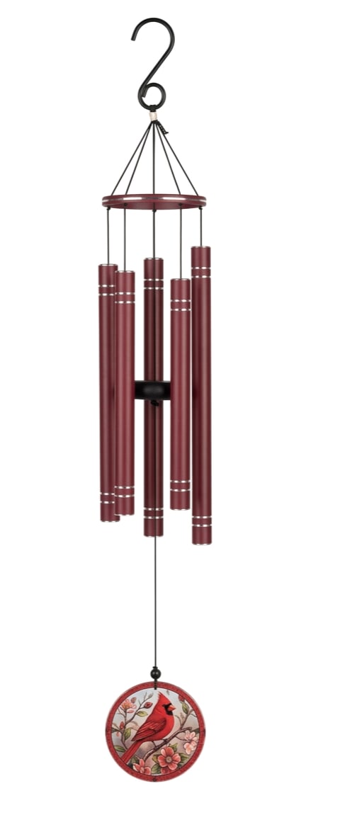 36" Red Wind Chime w/ Glass Cardinal Paddle - Red metal tubes ring with a warm, seasonal tone - this 36" red wind chime with glass cardinal paddle is a thoughtful gift and porch accent for birthdays, housewarmings, or to say you're thinking of someone. The painted round medallion at the bottom features a bright red cardinal perched among blossoms, giving the piece a homey, garden-ready charm that will make the recipient feel noticed and welcomed whenever it catches a breeze.  Crafted with red metal tubes suspended from a sturdy black hook and ring, the chime includes a decorative glass paddle with the cardinal motif and a complementary round ornament for added visual interest. Finished in red, black, white and warm neutrals, the rustic design reads like seasonal home décor more than a floral bouquet while pairing beautifully with porch plants or a hanging basket.   Perfect for outdoor porches, garden nooks, or a cozy sunroom, this wind chime sends a quiet, comforting message to the person you're celebrating. Order with standard sizing (36") and hang from the included black hook and ring.