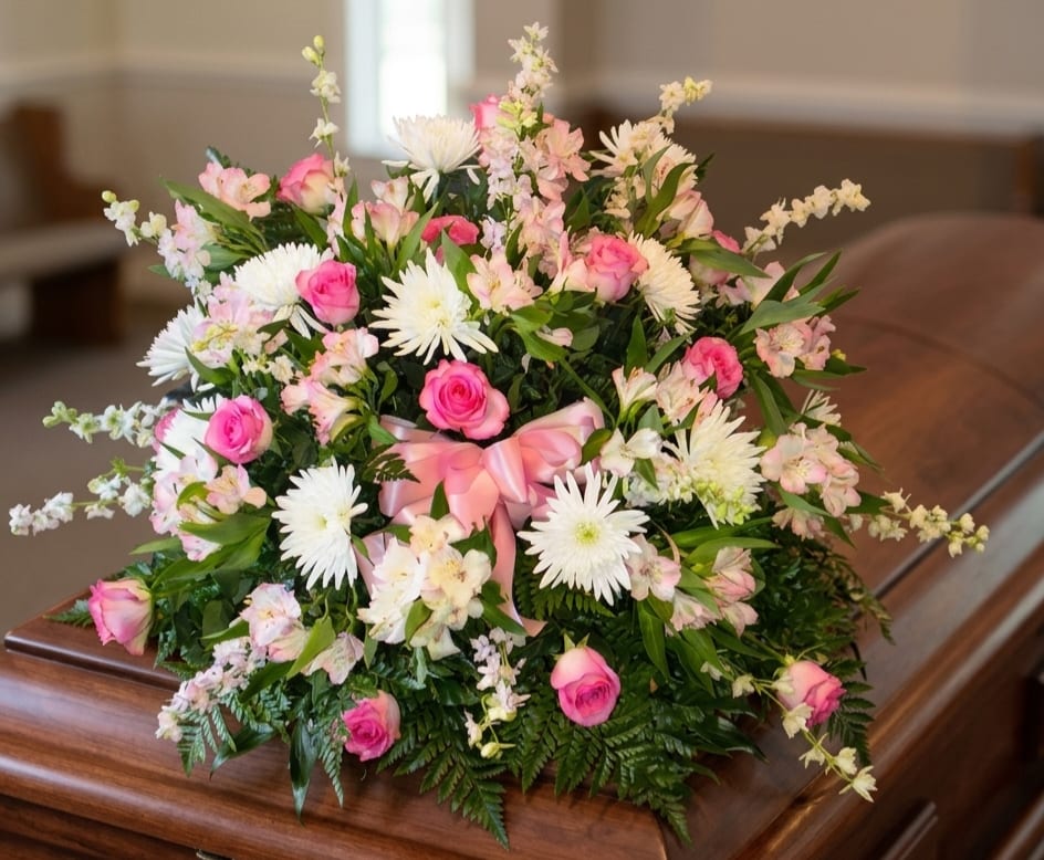 Precious Baby Girl Casket Spray - Exquisite casket spray of beautifully arranged flowers is like a blanket of love and caring from all. One of our signature floral casket sprays for your Princess.  A collection of beautiful, &amp; elegant flowers arranged in a half or full casket spray. 