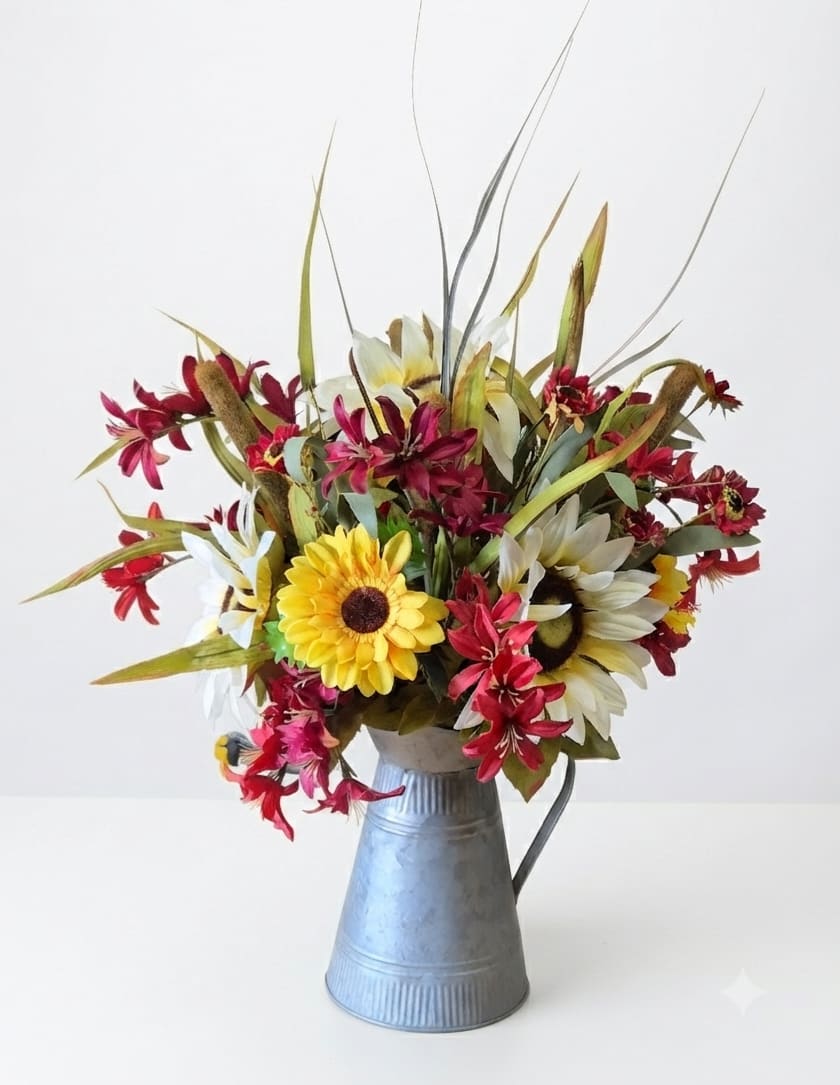Mixed bouquet of daisies and red flowers in a metal pitcher