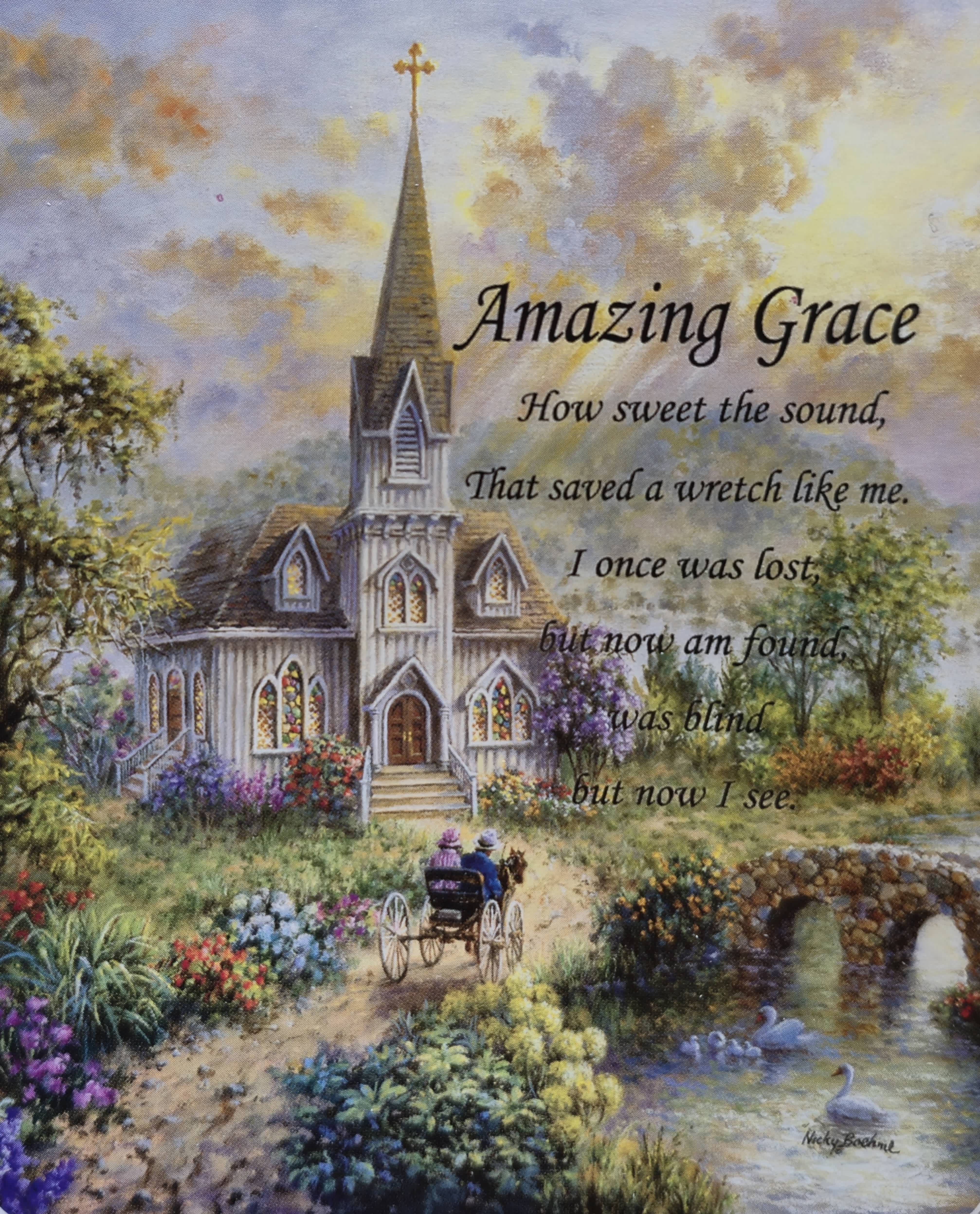 Painting of a church with the words Amazing Grace over a garden scene