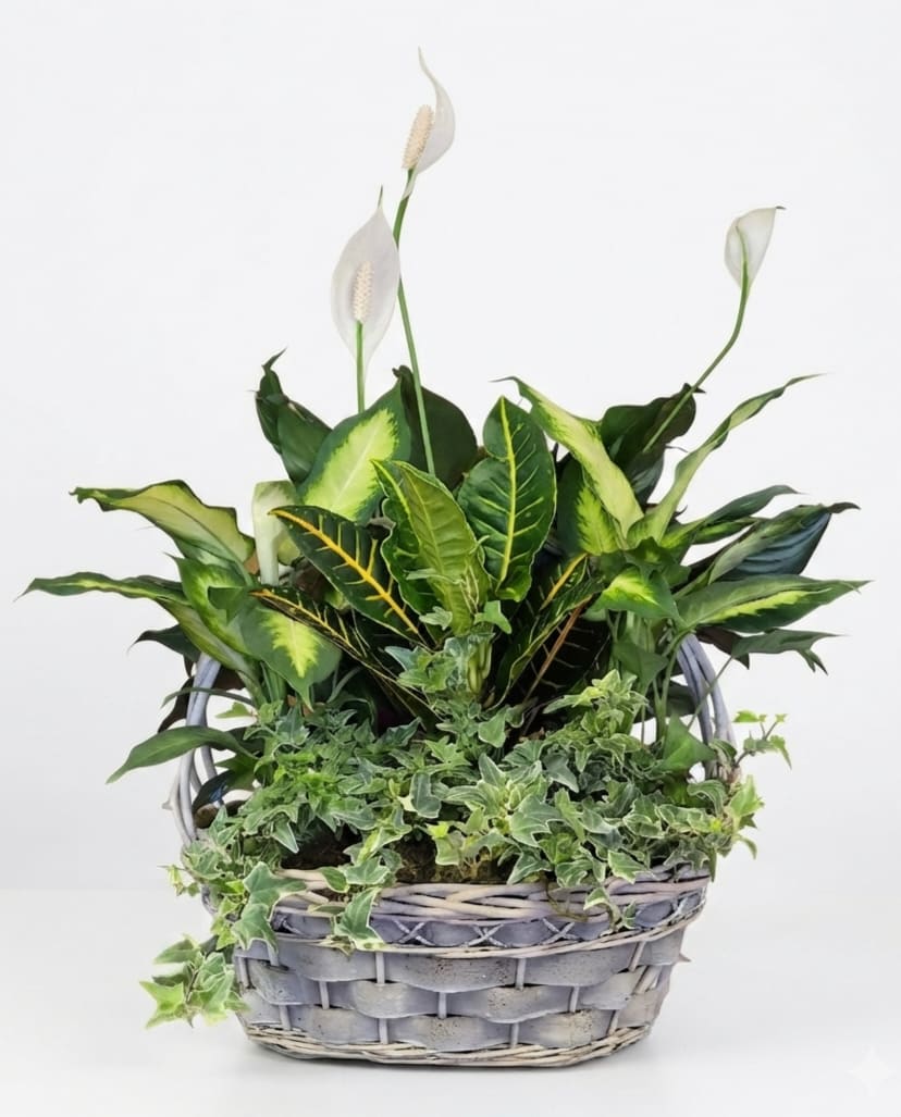 Laundry Basket B Dish Garden  - Upright white peace lilies and trailing ivy spill gracefully from a woven laundry-basket planter, creating a calm, fresh plant arrangement perfect for an anniversary, housewarming, or a thoughtful get-well or sympathy gift. The tall white blooms rise above a dense mix of variegated green foliage for a layered, natural look that makes the recipient feel truly cared for - an elegant way to say "thinking of you," "I'm sorry," or "congratulations."  This dish-style garden includes live tropical plants and peace lily blooms (white) nestled among mixed green leaves and cascading ivy, presented in a casual woven basket planter with a decorative bow and fresh carnations added for extra polish. The composition measures approximately 16" tall and 20" wide, offering a generous, long-lasting display that's right at home on a living room table, entry console, or office desk - a versatile gift for birthdays, new baby celebrations, retirements, Mother's Day, or simply to brighten someone's day. Basket color and plant variety can change due to availability. But will be similar.  Comes adorned with fresh flowers and a bow. 
