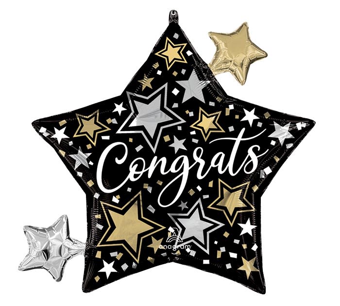 "Congrats" Jumbo Mylar Balloon - A 29" foil balloon inflated with helium and tied with a curly ribbon. Colors may vary.