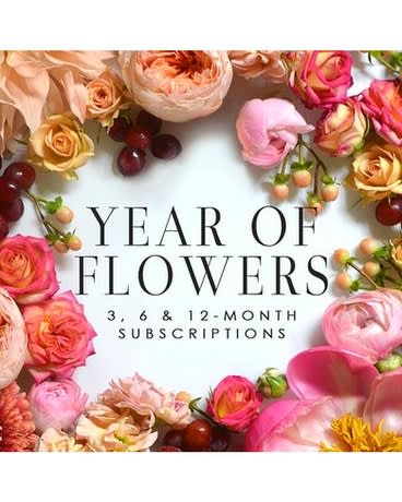 Floral subscription graphic with pink and peach blooms around text