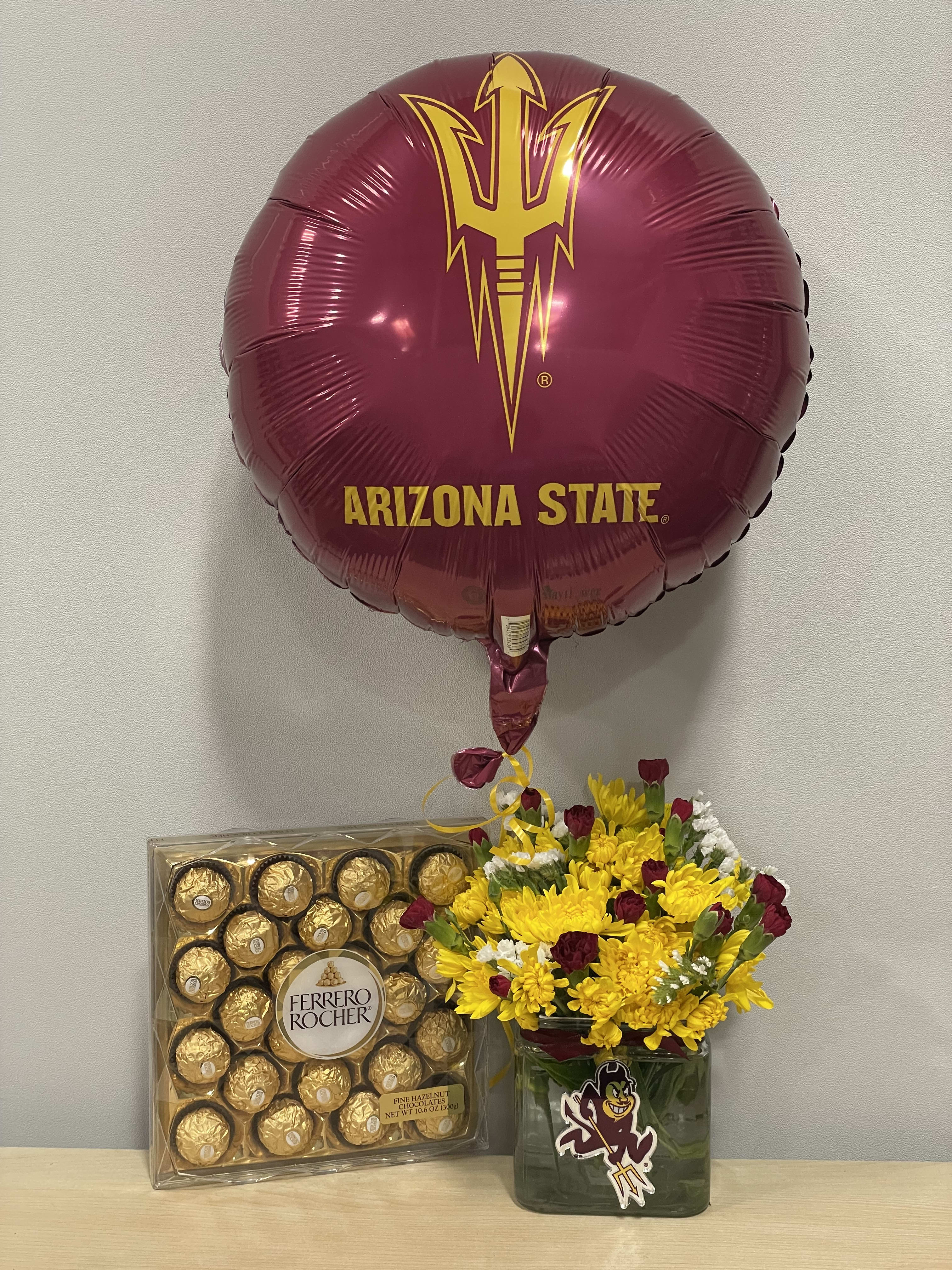 Arizona State balloon with a yellow flower bouquet and Ferrero Rocher chocolates