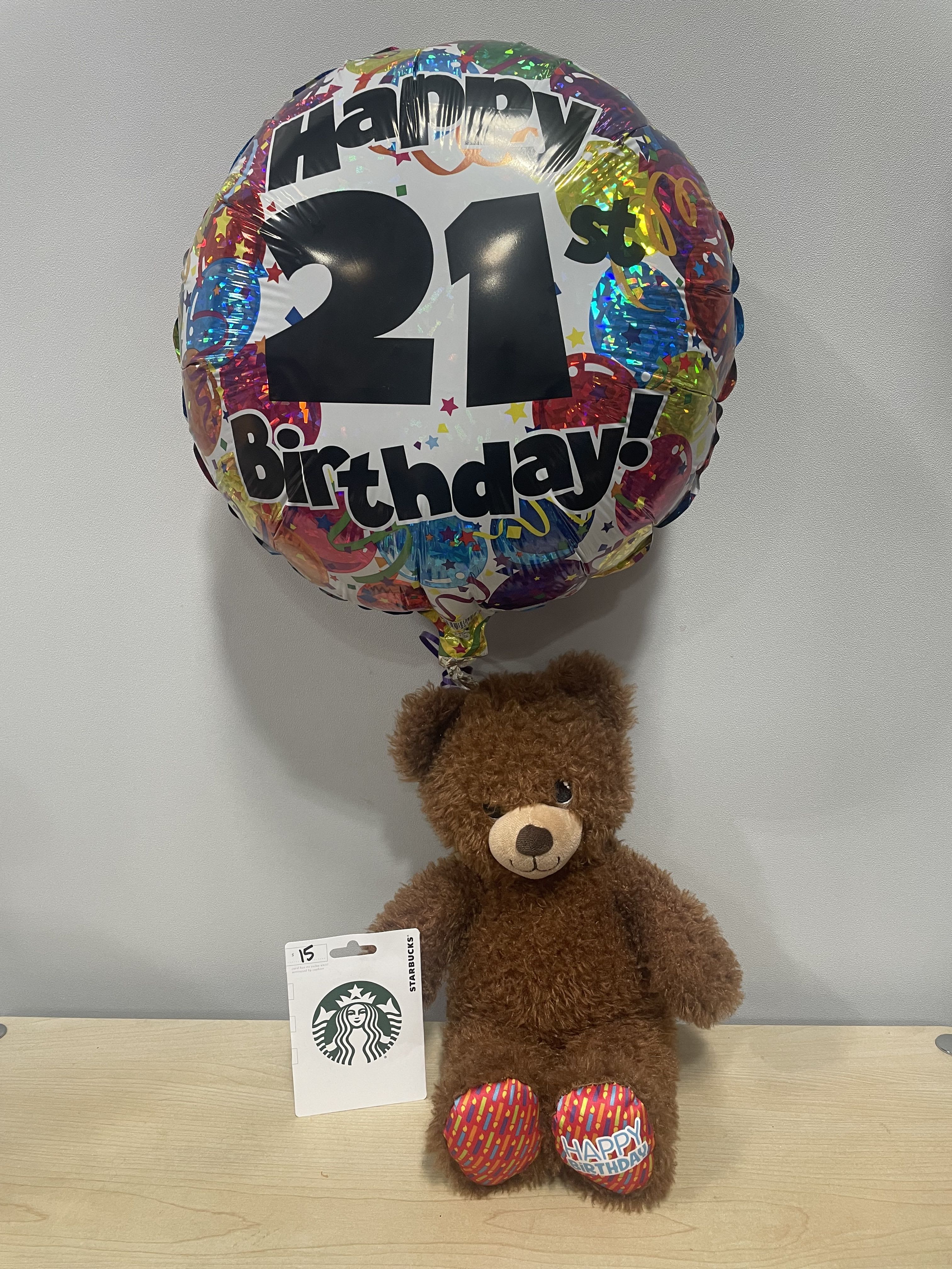 Birthday balloon with a teddy bear and gift card