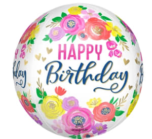 15" Artful Floral Birthday Orbz Balloon - 15" Bright Floral Happy Birthday Helium Balloon