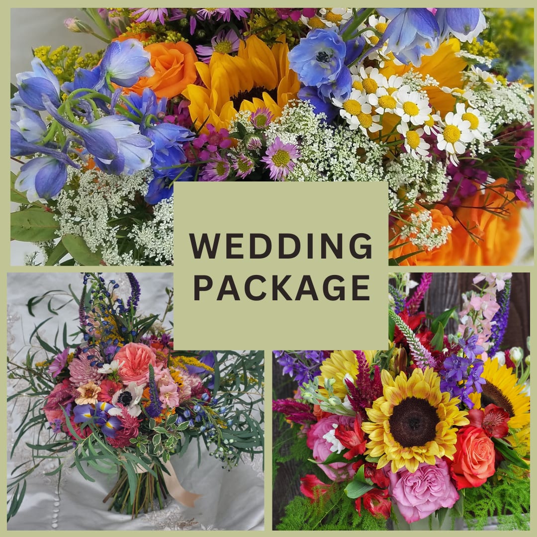 Collage of colorful wedding bouquets and arrangements with a "WEDDING PACKAGE" label.