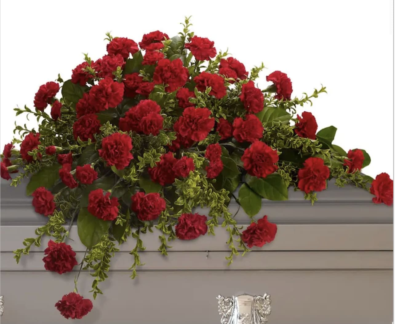 Red carnation arrangement draped over a gray casket