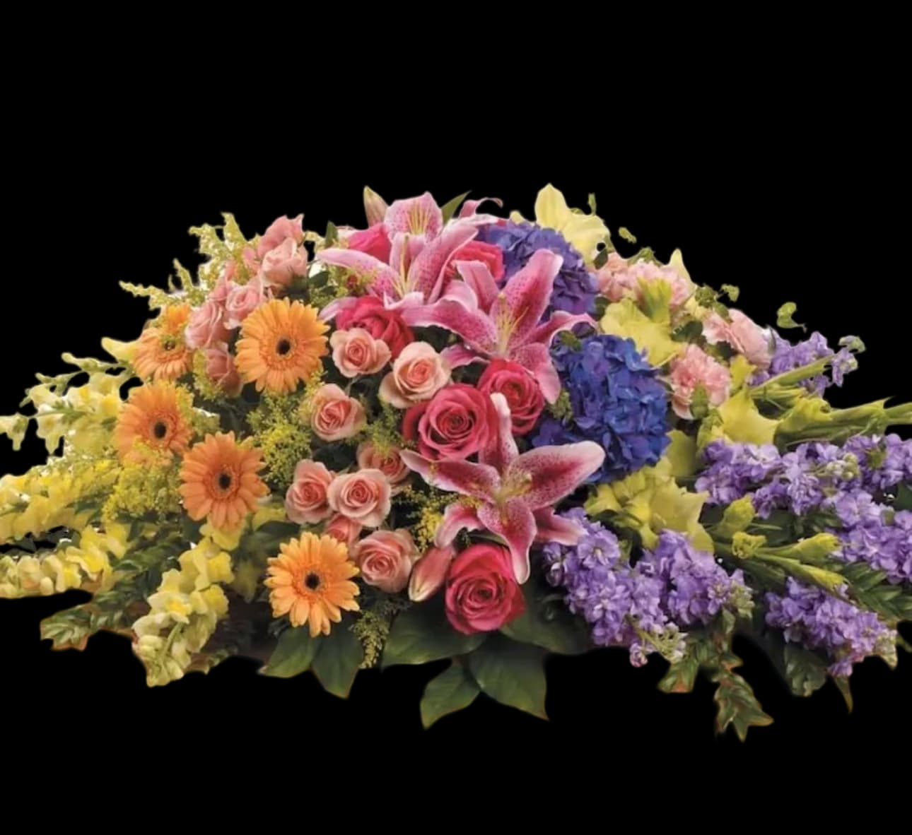 Mixed bouquet with pink lilies, roses, gerbera daisies, and purple blooms