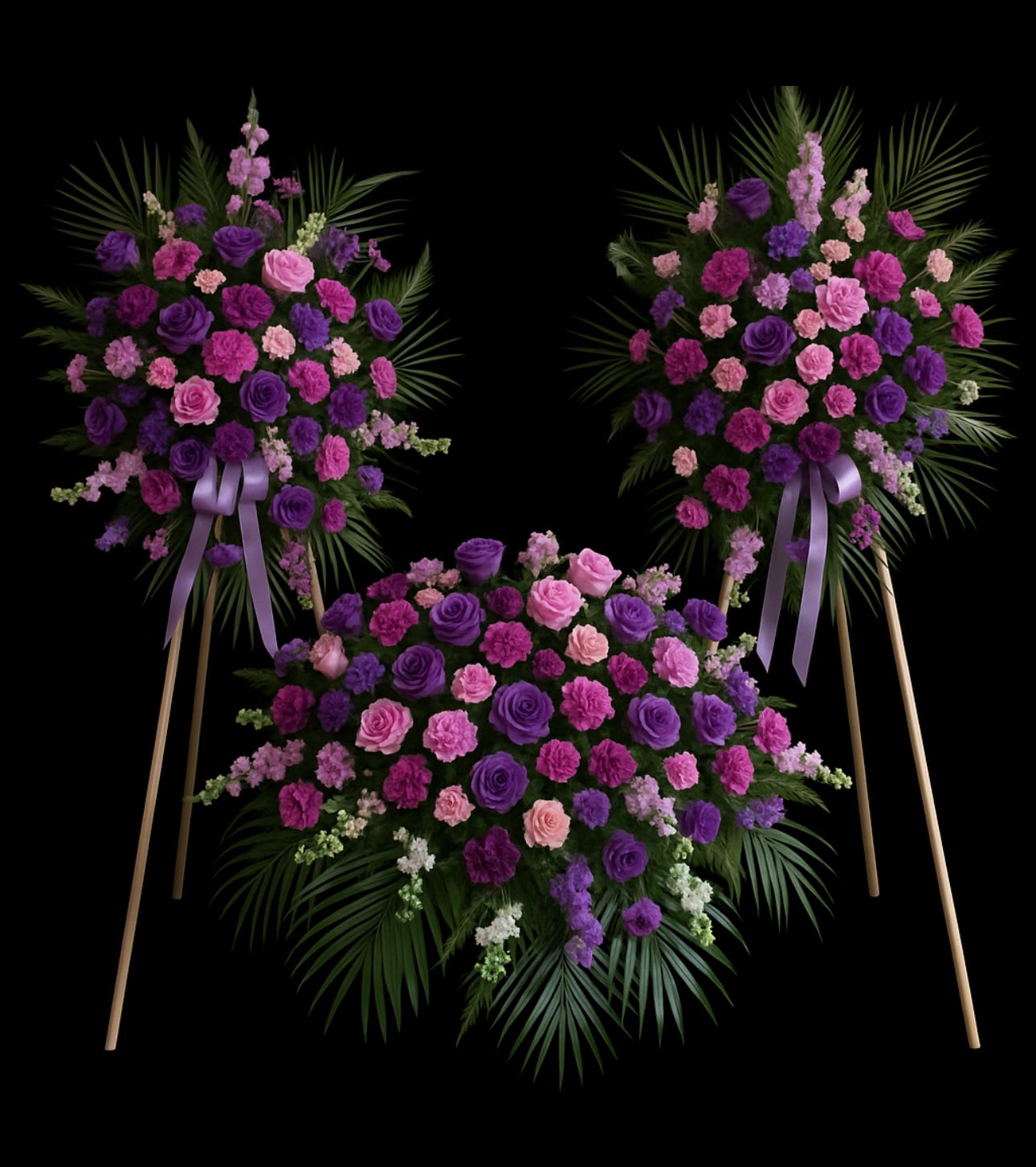 Three purple and pink floral standing sprays on easels