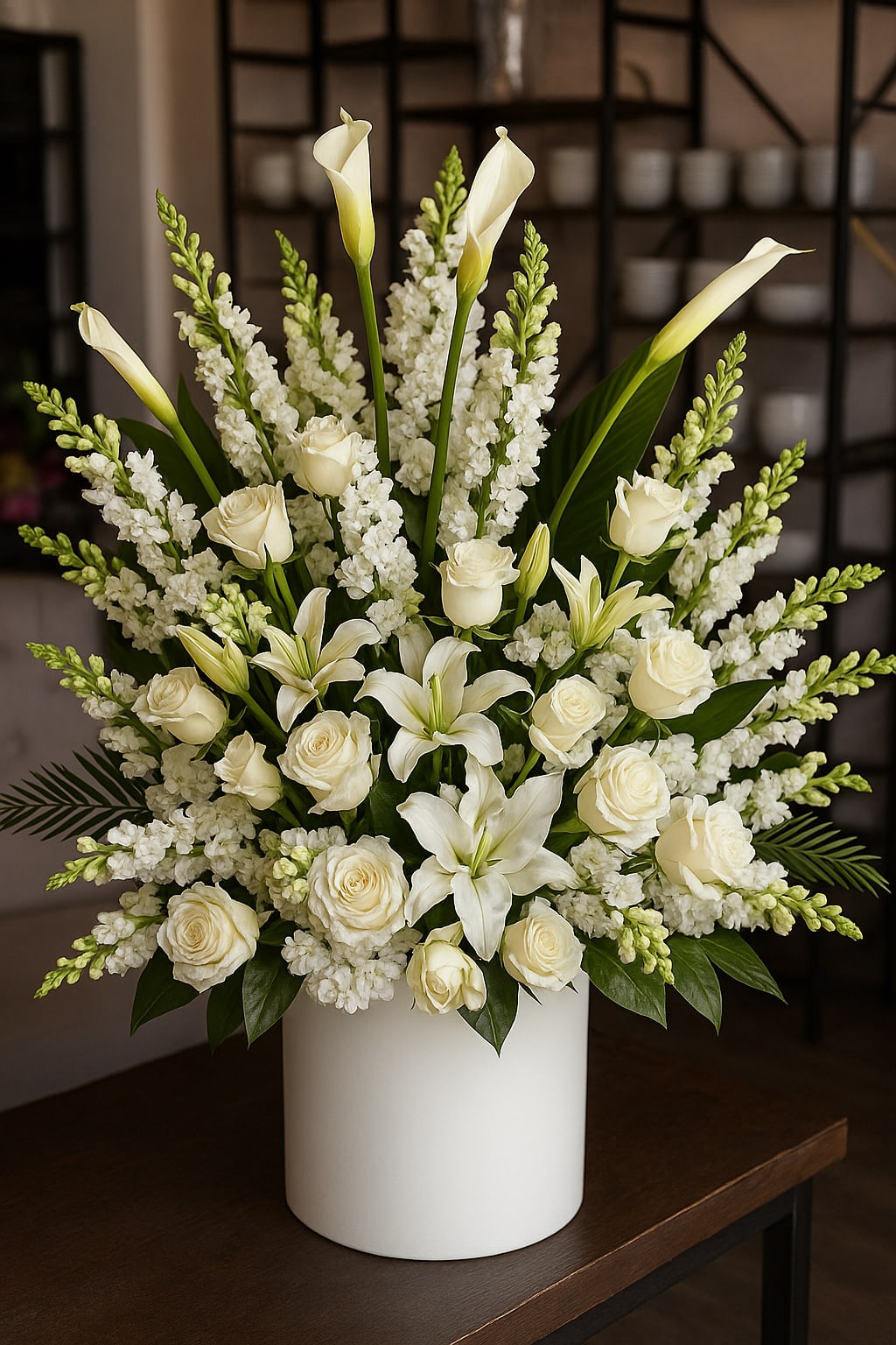 White roses and calla lilies arranged in a white vase