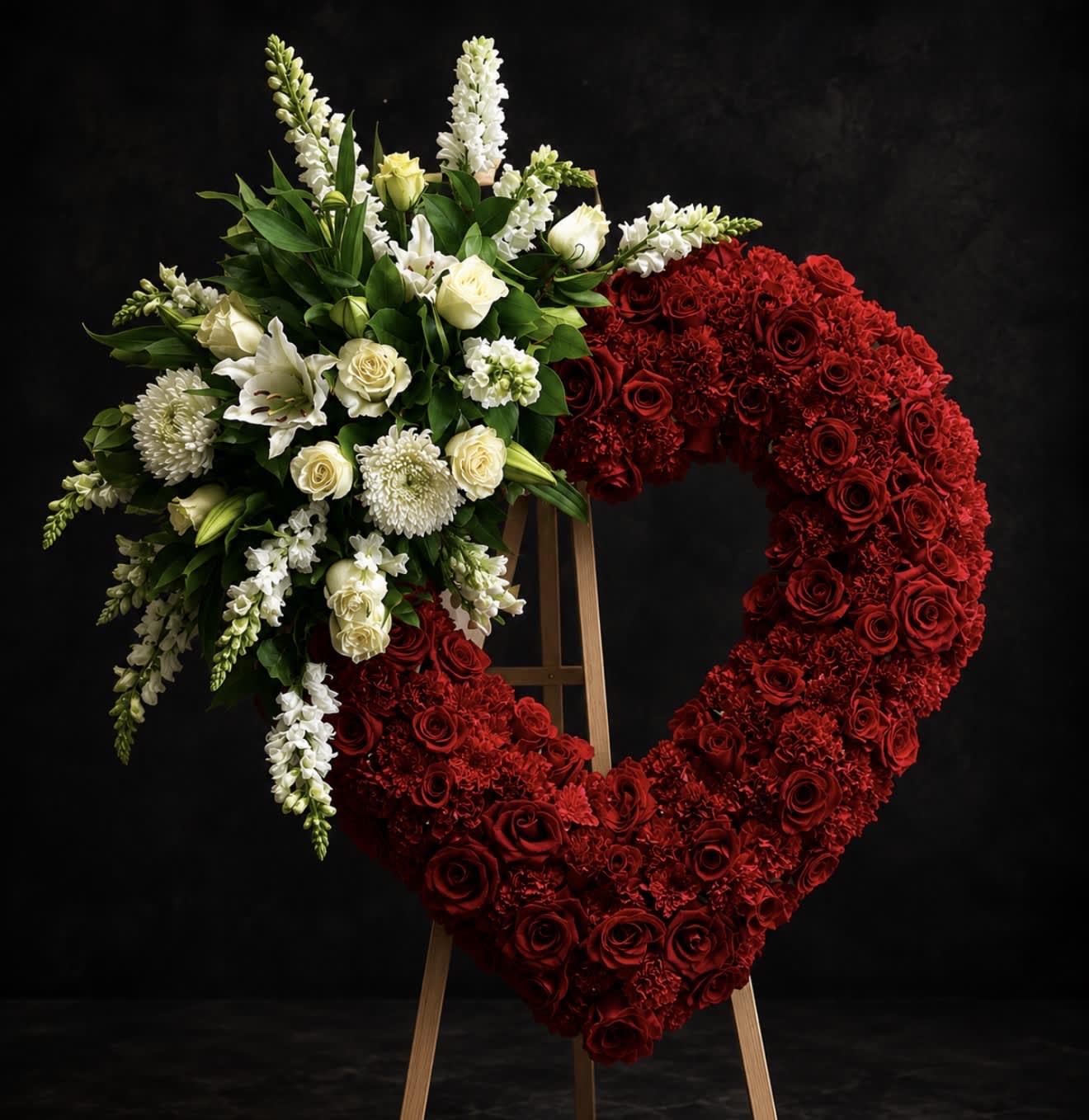 Heart-shaped floral wreath of red and white flowers on an easel