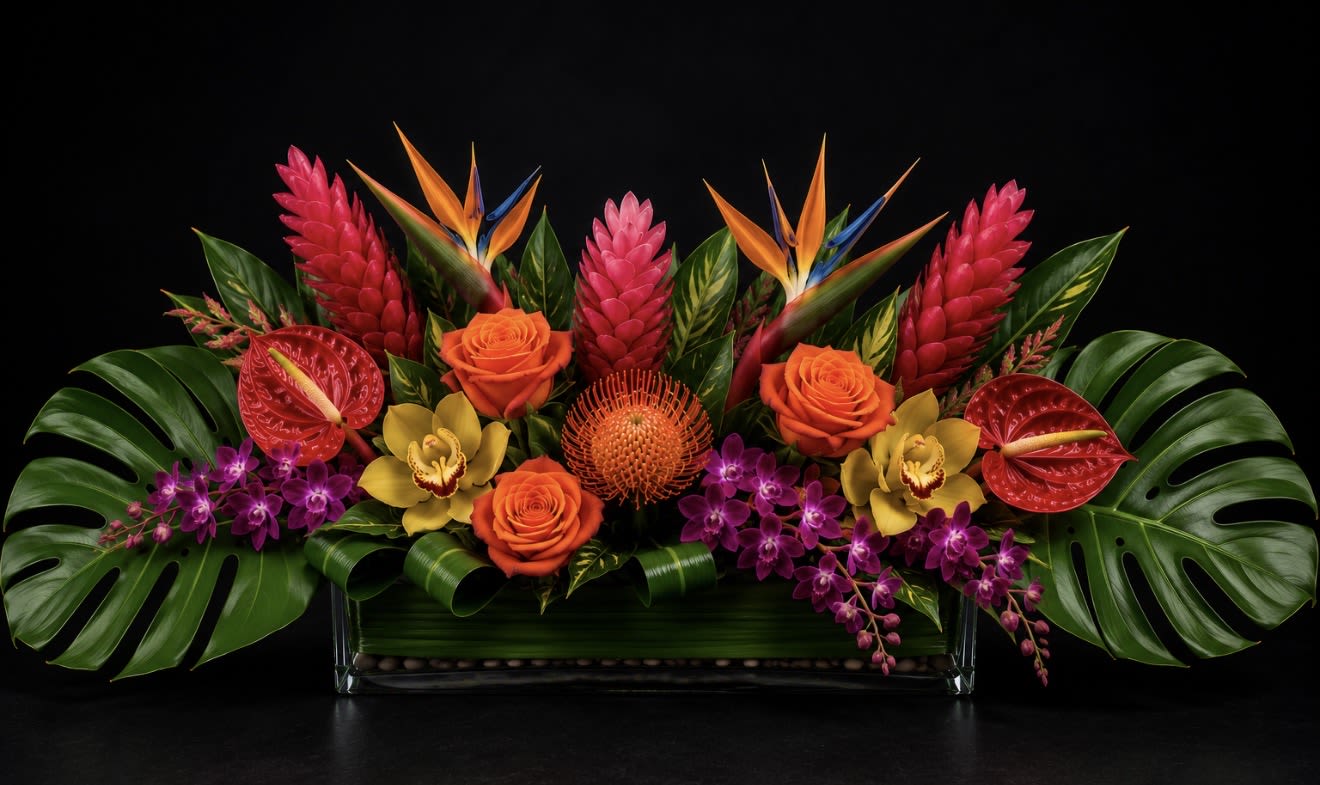 Tropical Dance Luxury Centerpiece  - A dramatic, low rectangular centerpiece bursting with tropical color-ideal as a birthday or celebratory flower arrangement. The Tropical Dance Luxury Centerpiece reads like a festive tableau: bold protea-like focal blooms and spiky bird-of-paradise-style accents rise from a densely packed bed of red, orange, pink and magenta flowers, while deep green monstera leaves and glossy foliage frame the composition. It's the kind of gift that makes the person you're thinking of feel celebrated and seen.  This lush design combines mixed tropical bouquets with roses and purple orchid sprays for layered texture and bright contrasts. Finished in a rectangular container (available in wood or glass), the arrangement sits low and wide to serve perfectly as a table centerpiece or statement piece for a mantle. The compact, symmetrical shape keeps the display dramatic without overwhelming a space.  Perfect for birthdays, get-well wishes, thank-you gestures, or a "just because" surprise, this arrangement brings tropical warmth and energy year-round. Available in Premium sizing as shown; to help blooms last, keep the vase filled with fresh water and away from direct heat or drafts.