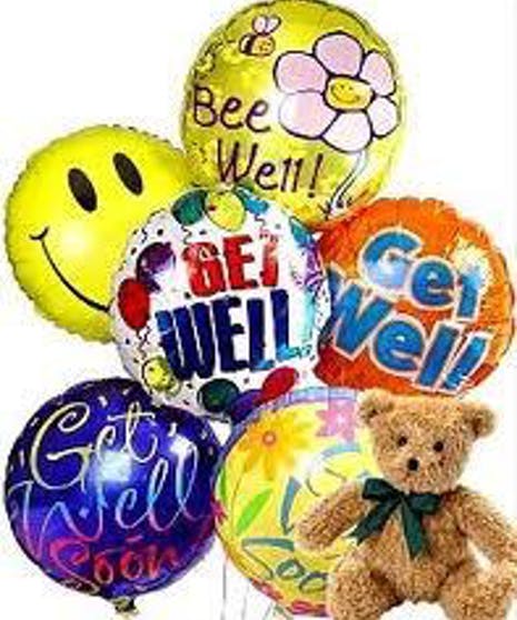Cluster of colorful balloons with a teddy bear and cheerful messages