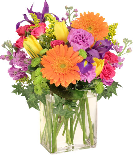 Colorful mixed bouquet in a clear glass vase