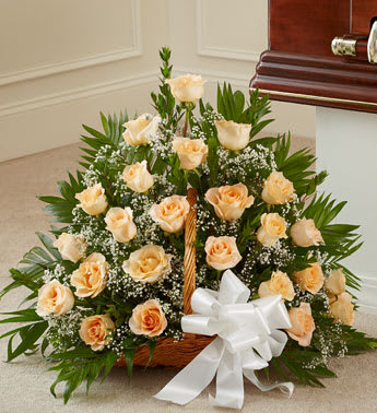 Sincerest Sympathy Fireside Basket - Product ID: 91217   This touching tribute beautifully conveys your sympathy and support. Long stem peach roses, Babyâs Breath, variegated pittosporum, and more are arranged by our expert floral designers Traditionally sent by family, friends or business associates Delivered directly to the funeral home Our florists use only the freshest flowers available so varieties and colors may vary Measures approximately 26âH x 30âL