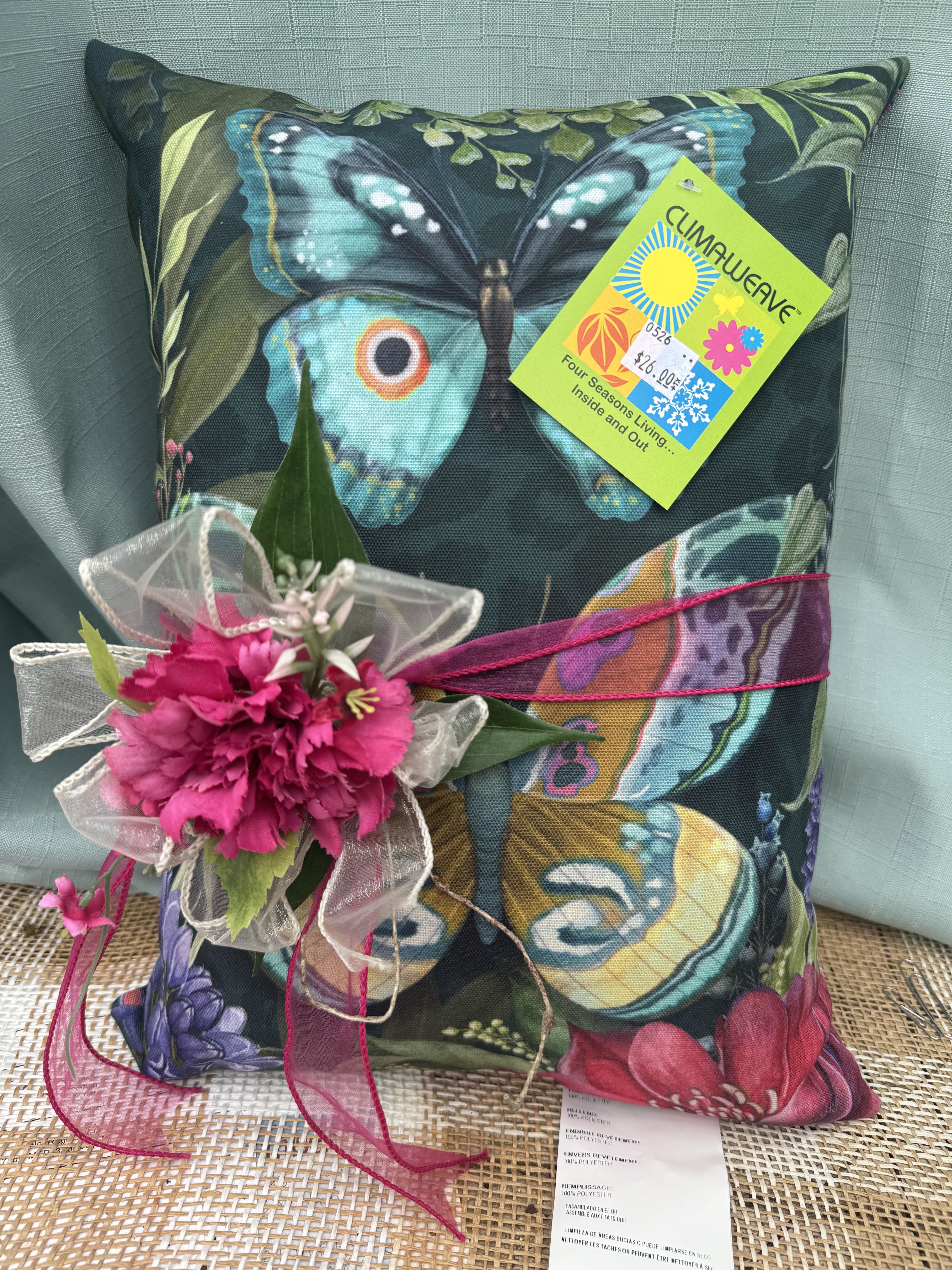 BUTTERFLY PILLOW - A beautiful pillow decorated with butterflies and bright pink seasonal enhancement