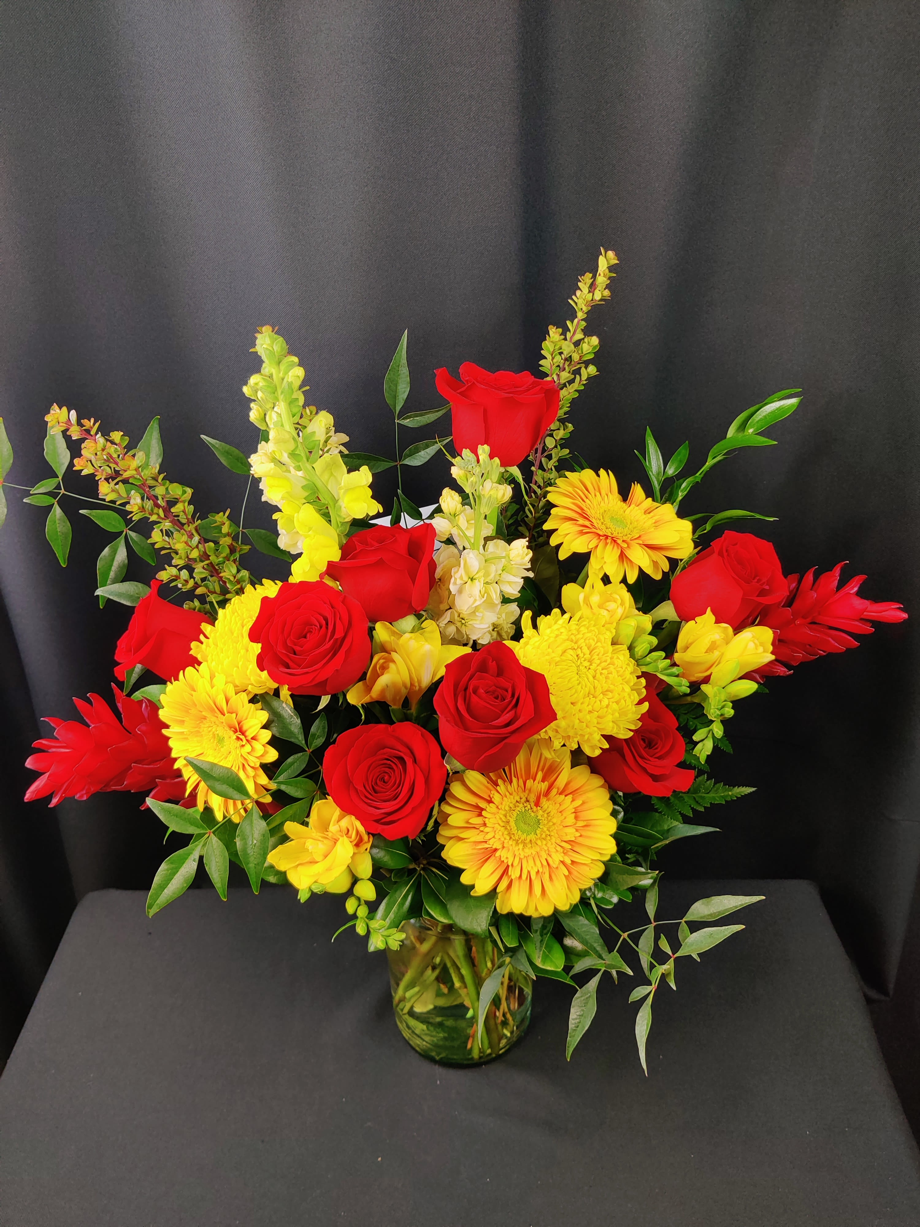Gold and Red New Year's Bouquet - Happy New Year!!! Colors of Celebration for Chinese New Year! Flowers may vary. All Red and Gold flowers with Roses and Premium assortment.