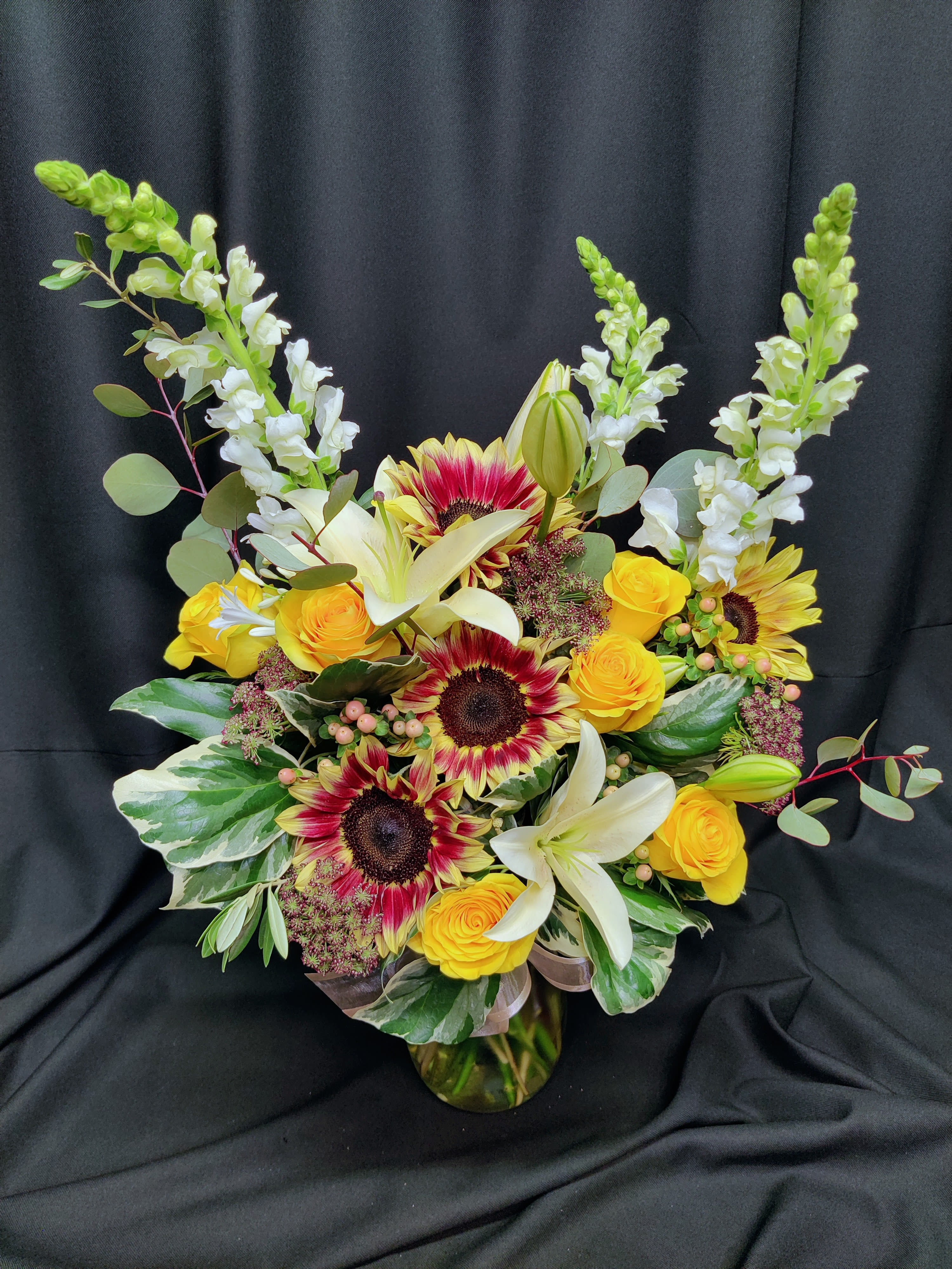 Mahogany sunflower bouquet - Mahogany sunflowers have a SHORT season, and may be substituted for another flower or type of sunflower when not available. Order in early summer a week ahead for best selection. Flowers will vary in color and type from day to day. 