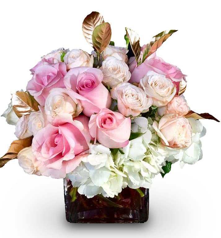Pink and white roses arranged in a square glass vase