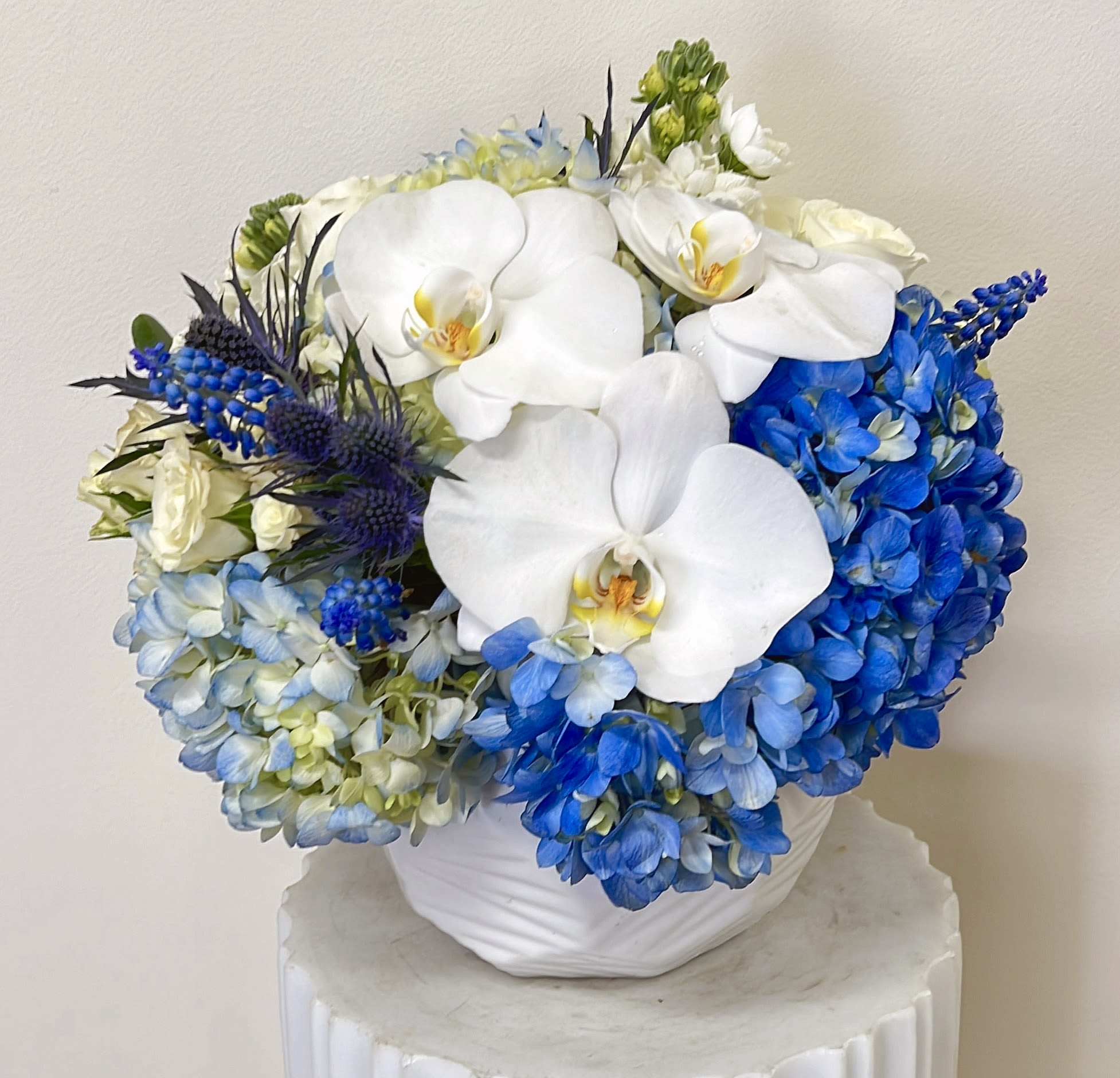 White orchids and blue hydrangeas arranged in a white vase