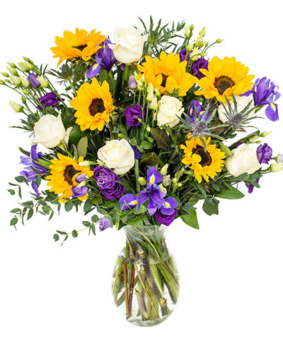 Sunshine Delight  Bouquet - It's the summer of love with this beautiful bouquet. A mix of Sunflowers, Roses and s, Iris will send happiness to a loved one this summer. The perfect gift on a bright summer's day. Our sunflowers are delivered in bud so they can brighten up your days for longer. Sunflower Sunrich Orange, White Roses, Iris, Eucalyptus, Esutoma &amp; Eryngium.
