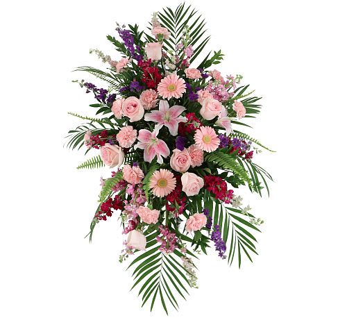 Loving Sentiments Standing spray  - A loving sentiment can be all it takes to bring comfort during a time of loss. Hand-designed standing spray in stunning shades of pinks and purples, it’s a thoughtful gesture of loving condolence.