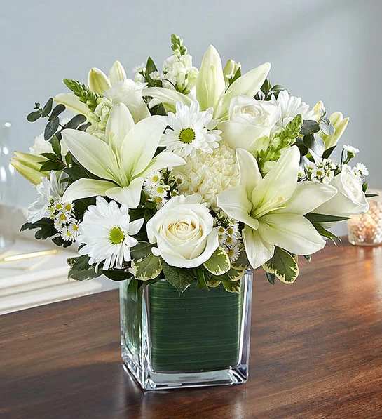 Healing Tears All White - There is an innocence to all souls that is evoked in an expression of pure white. Our sympathy arrangement of angelic white roses, lilies, mums, daisy poms and more, expertly arranged in a clear glass cube lined with a Ti leaf ribbon, makes for an exquisite gesture of comfort and healing