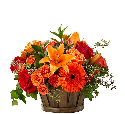 Harvest Memories Basket -  As the seasons change, give a gift that will leave a lasting smile on their face. With red roses, orange spray roses, orange gerbera daisies, and an assortment of lush greens, this array of harvest hues is a memorable bouquet, perfect for every Autumn moment. Presented in a rustic, dark wooden basket to create an arrangement ready to be used as a centrepiece or decorate a countertop or console table, this makes a perfect seasonal gift.