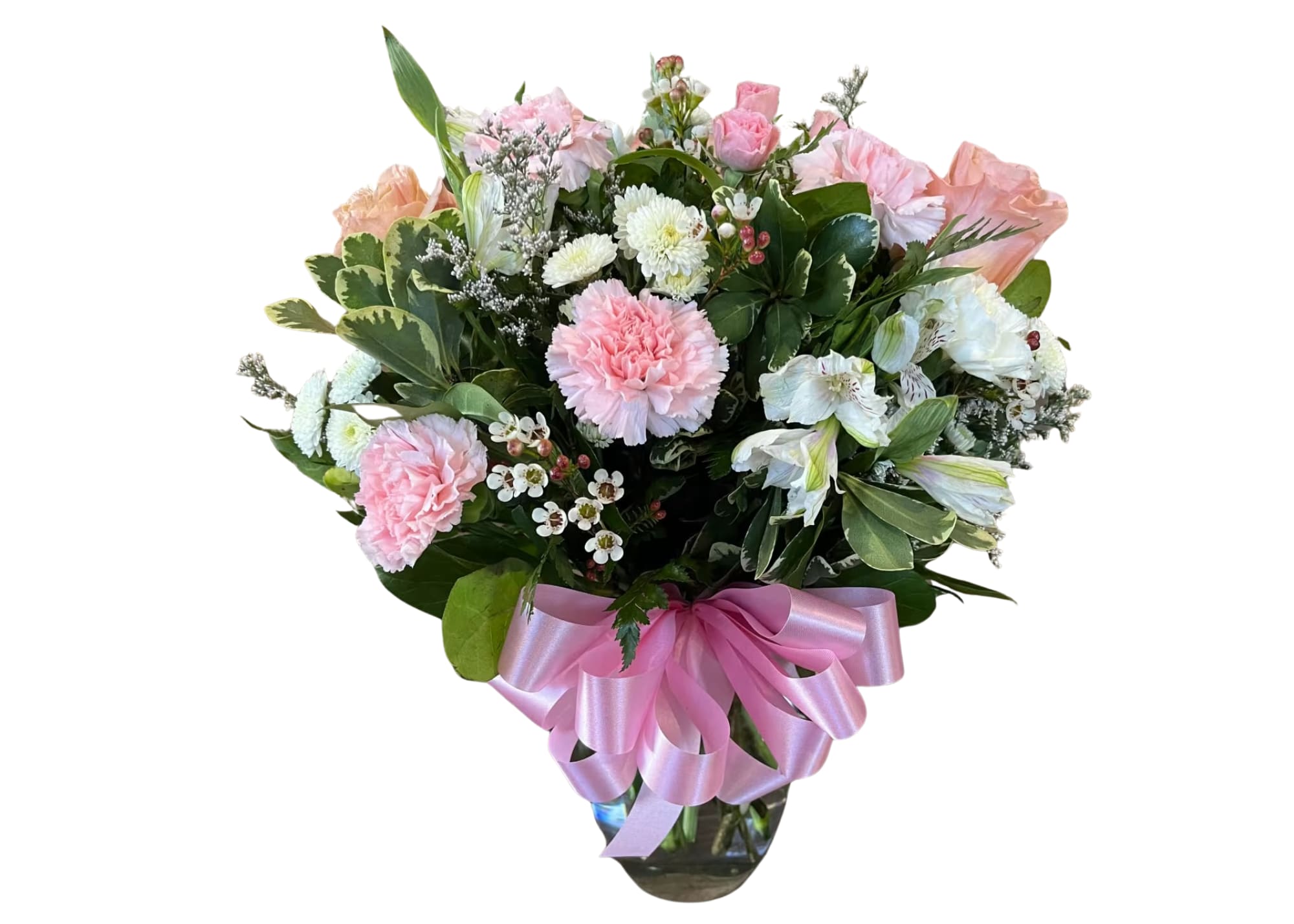 Pink and white mixed bouquet with a pink ribbon in a glass vase