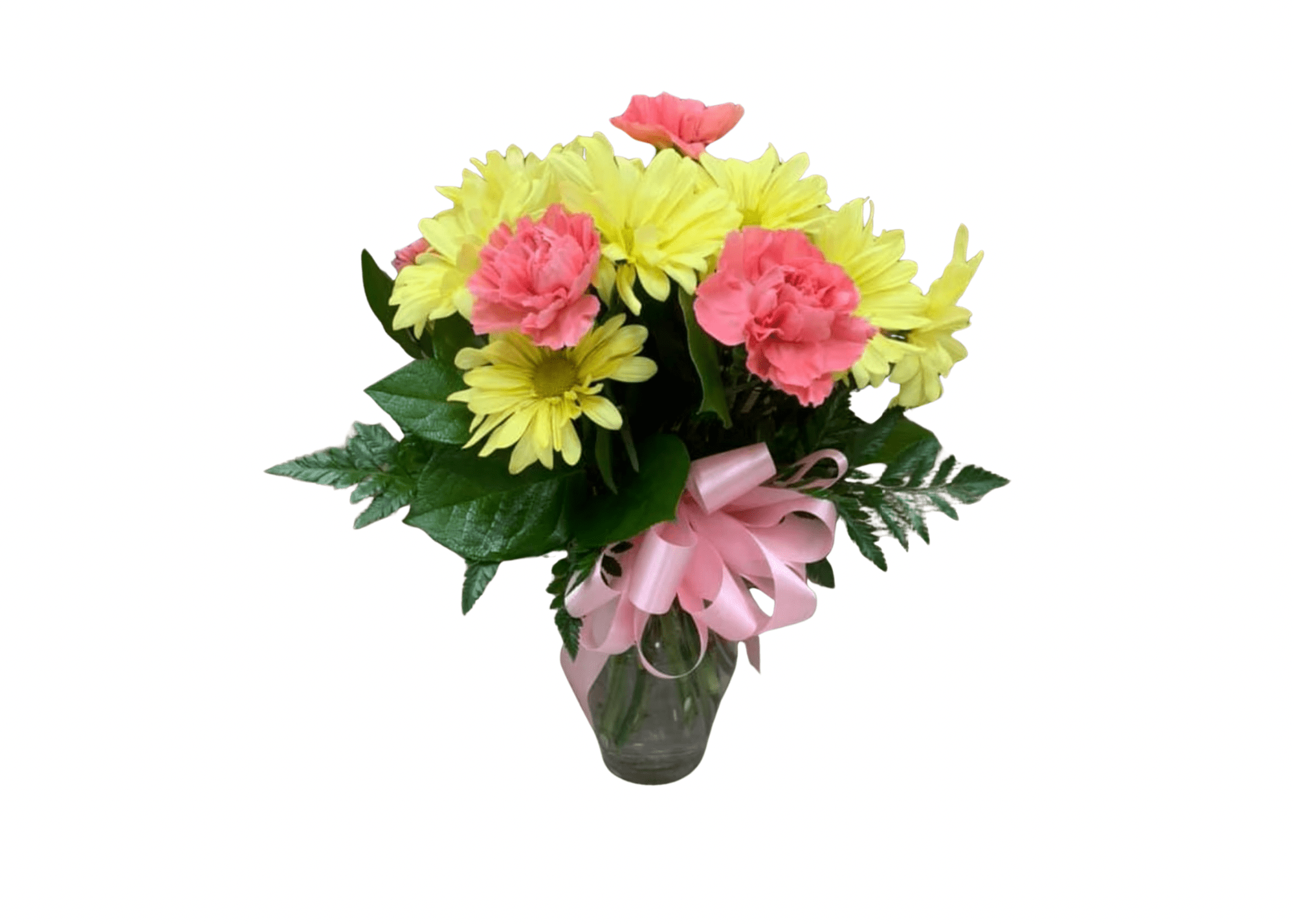 Pink carnations and yellow daisies in a glass vase with a pink ribbon