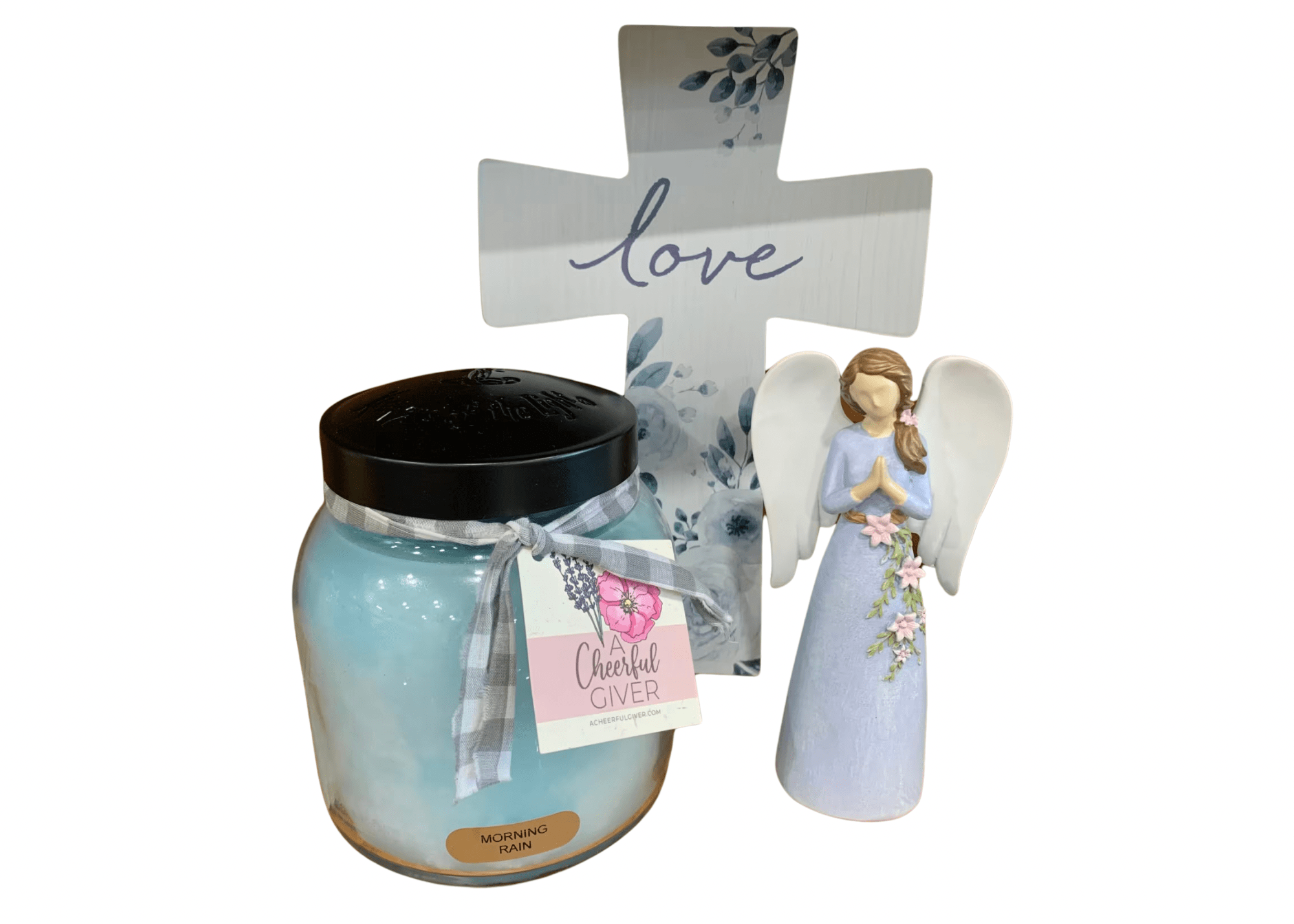 Gift set with a blue candle, angel figurine, and decorative cross sign