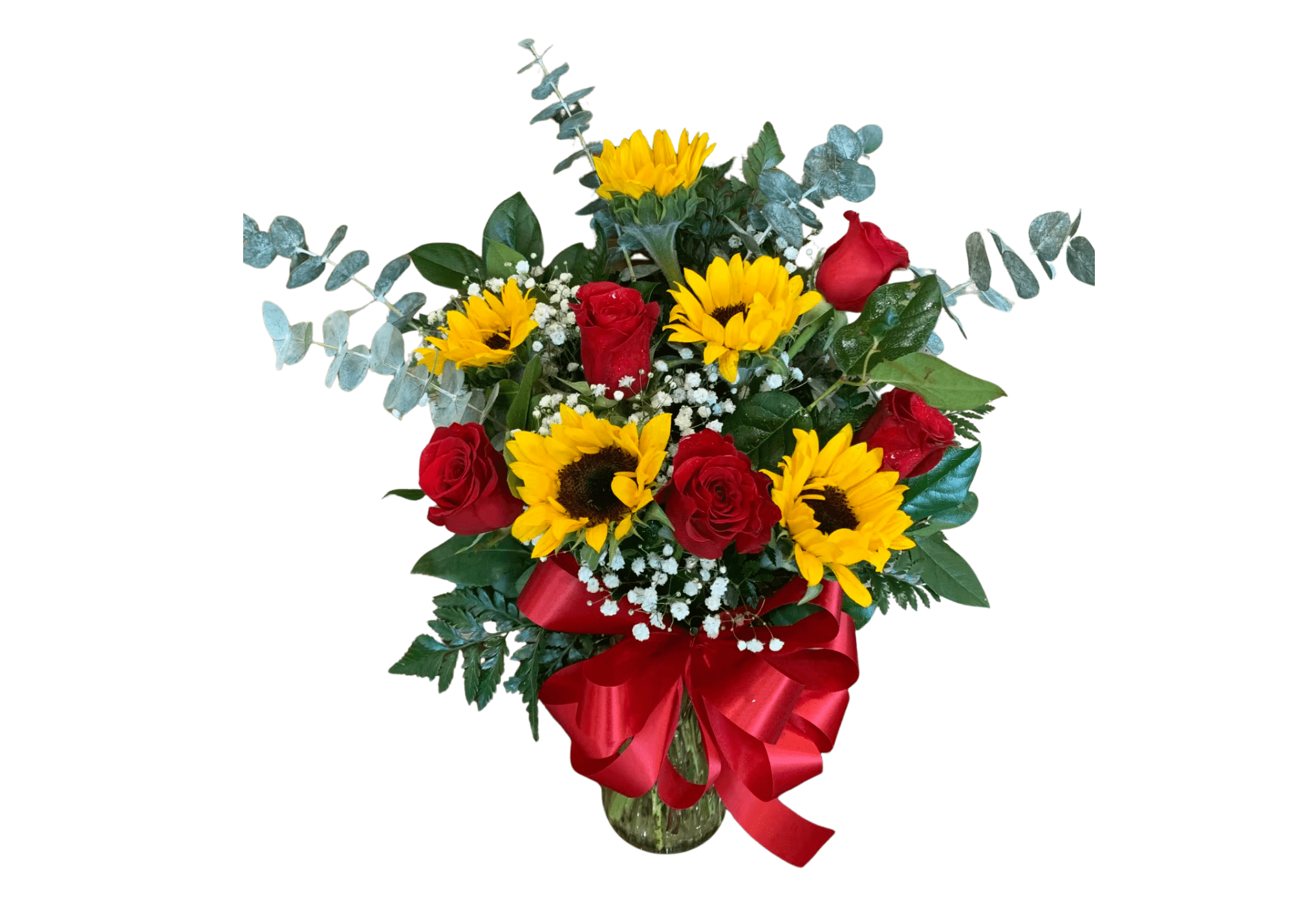Bouquet of red roses and yellow sunflowers in a glass vase with a red ribbon