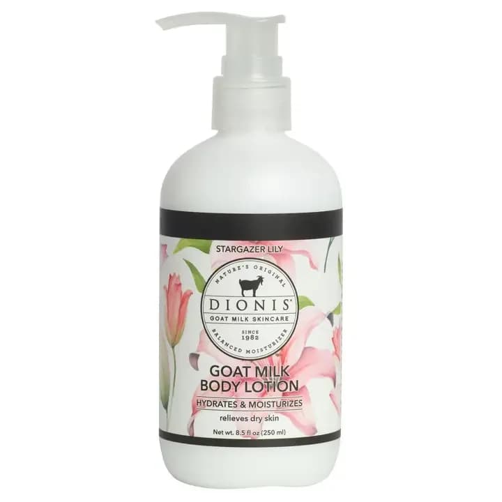 Bottle of goat milk body lotion with a floral label