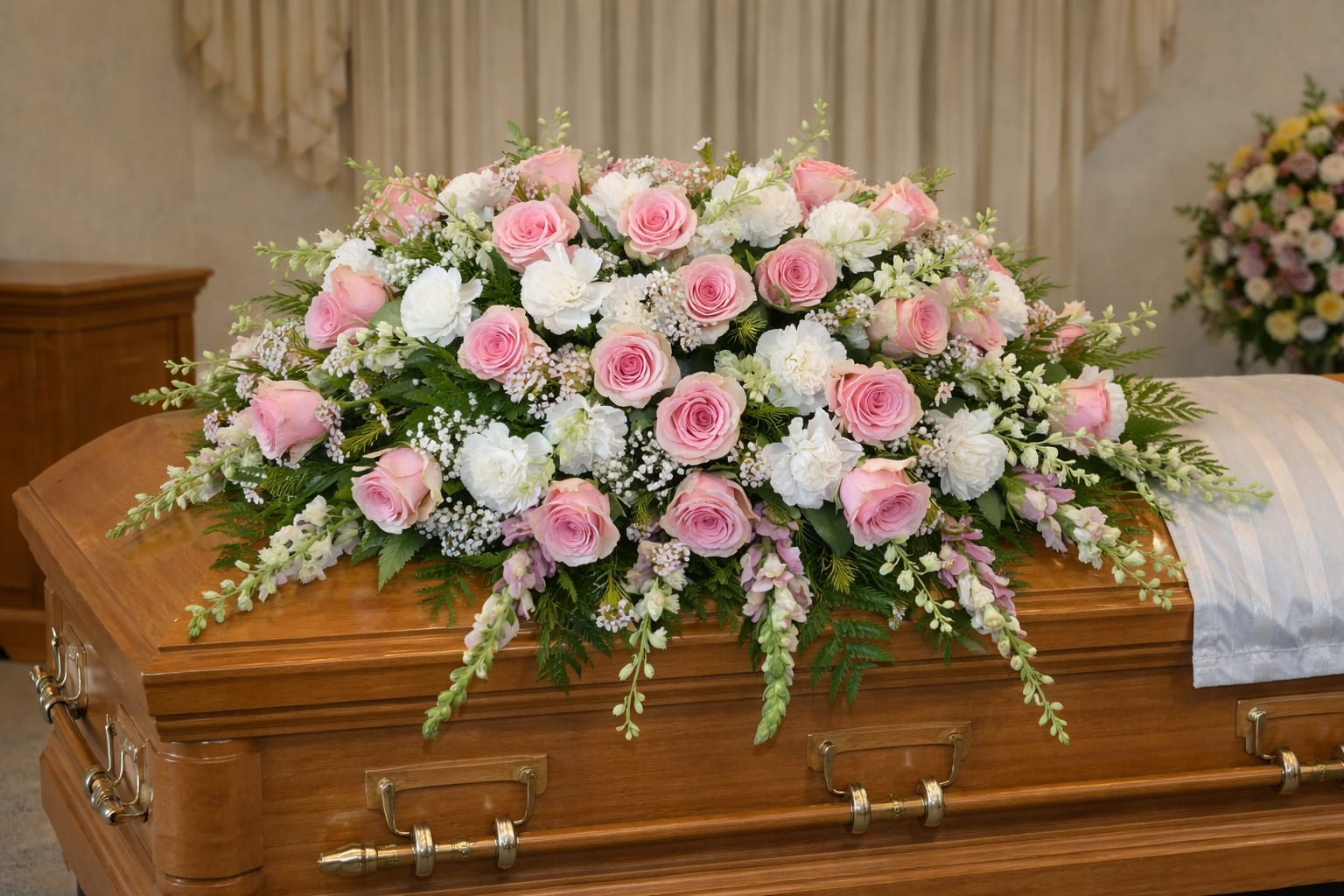Graceful Remembrance Spray - A soft and elegant casket spray designed in a gentle palette of blush pink and creamy white. This arrangement features classic roses paired with full, ruffled carnations and delicate accent blooms, creating a rich, textured look. Light, airy fillers like baby’s breath and waxflower add softness, while fresh greenery provides a natural base and subtle movement. Cascading stems extend gracefully from the center, giving the piece a flowing, garden-inspired shape. The overall feel is peaceful, romantic, and timeless—beautifully honoring a loved one with quiet grace and warmth.