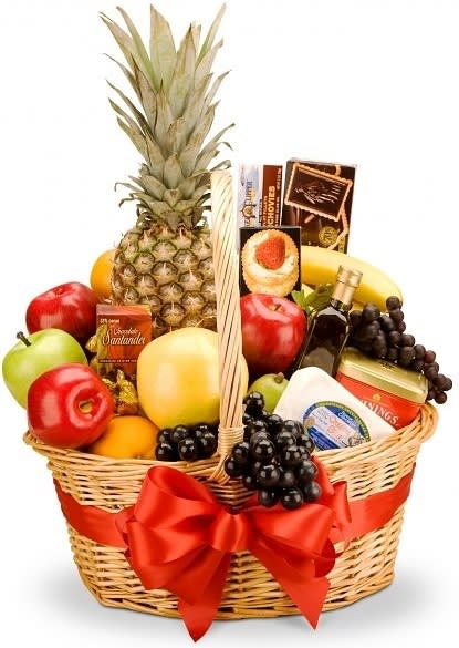 CONNOISSEUR FRUIT &amp; GOURMET - Healthy, delicious, and always appreciated, this bountiful fruit basket overflows with the freshest fruits and most delicious gourmet goodies.Fruits may include apples, pears, oranges, and bananas with tropical indulgences such as citrus or pineapple when in season. Gourmet delicacies may include cheese, olive oil, crackers, chocolates, cookies, or tea. With such a great selection, there's more than enough for the entire family or office.Exact basket and fruit selection may vary by season