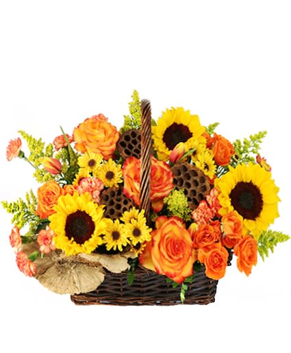 CRISP AUTUMN MORNING BASKET OF FLOWERS -  Fall is in the air and it’s never more apparent than in the Crisp Autumn Morning arrangement! Spread some fall cheer with this beautiful autumn-inspired basket arrangement. Featuring yellow sunflowers, orange spray roses, and yellow spray chrysanthemums, this basket is sure to bring fall vibes to everyone who sees it! 