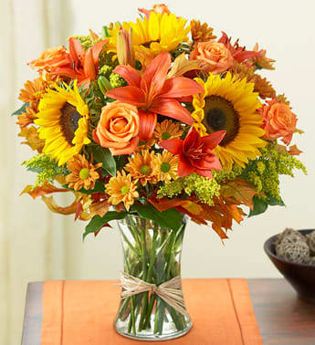 Fields of Europe for Fall - Imagine spending a brisk Autumn day browsing the bustling flower markets of Europe. It's easy with our bestselling arrangement of orange roses and lilies, vibrant sunflowers, poms and more, hand-gathered in a classic glass vase and finished off with charming raffia ribbon. They'll cherish it like a keepsake from a trip they've yet to take. Roses, sunflowers, lilies, daisy poms, solidago and salal, accented with dried fall leaves 