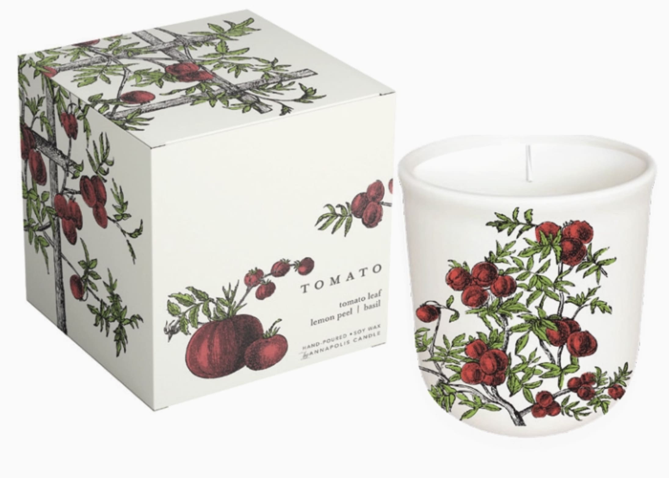 Tomato-scented candle in a white glass jar with matching box