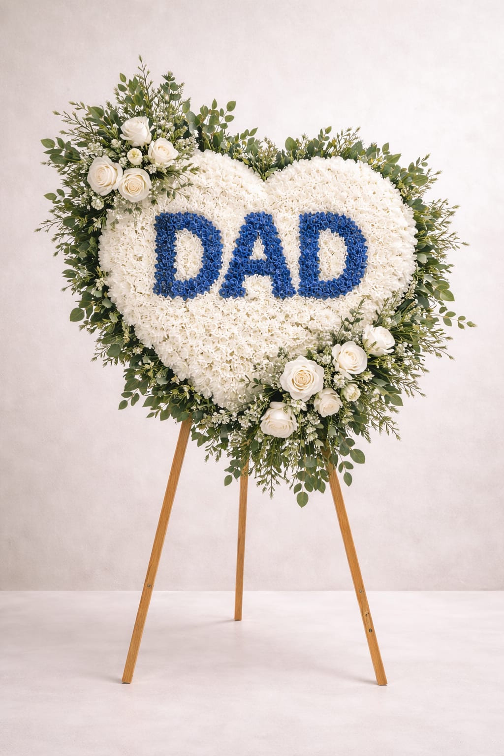 Forever Dad Heart Standing Spray - A heartfelt tribute designed to honor a father’s everlasting love. This elegant heart-shaped standing spray features a lush base of soft white chrysanthemums, beautifully accented with the word “DAD” delicately spelled in blue blooms. Clusters of creamy white roses, touches of blues and greens cushion mums, and airy waxflower create gentle movement and texture, while fresh greenery frames the design with natural softness.  Thoughtfully arranged on a standing easel, this tribute offers a graceful and meaningful expression of remembrance, celebrating the warmth, love, and guidance that a mother brings throughout a lifetime.  Perfect for funeral or memorial services, the Forever Dad Heart is a beautiful way to say “you will always be in our hearts.”  Flower varieties may vary slightly with seasonal availability while maintaining the overall color palette and design. Please call with any color requests.