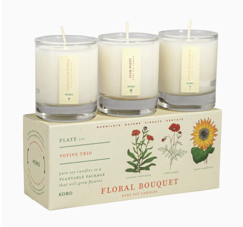 Floral Bouquet - Plant the Box Votive Candle Trio - The best-selling Plant The Box candles are now available as votive trio sets! Enjoy the most popular floral home fragrances. These lush aromas are inspired by unique and uplifting blooms. Split up the set for easy gifting or place each candle in a different area of your space. Each votive candle has a 15-hour burn time. The packaging is compostable and seed-infused. Plant and nurture the box to grow flowers, herbs, or trees when planted.   KOBO Candles creates luxurious and expressive scented candles, diffusers and other home products. Their signature candles are hand-poured and assembled in Chicago, all under one roof. They use sustainably sourced, 100% pure soy wax. A family-owned and operated business, they only supply our customers with the highest-quality products they would use in their homes.