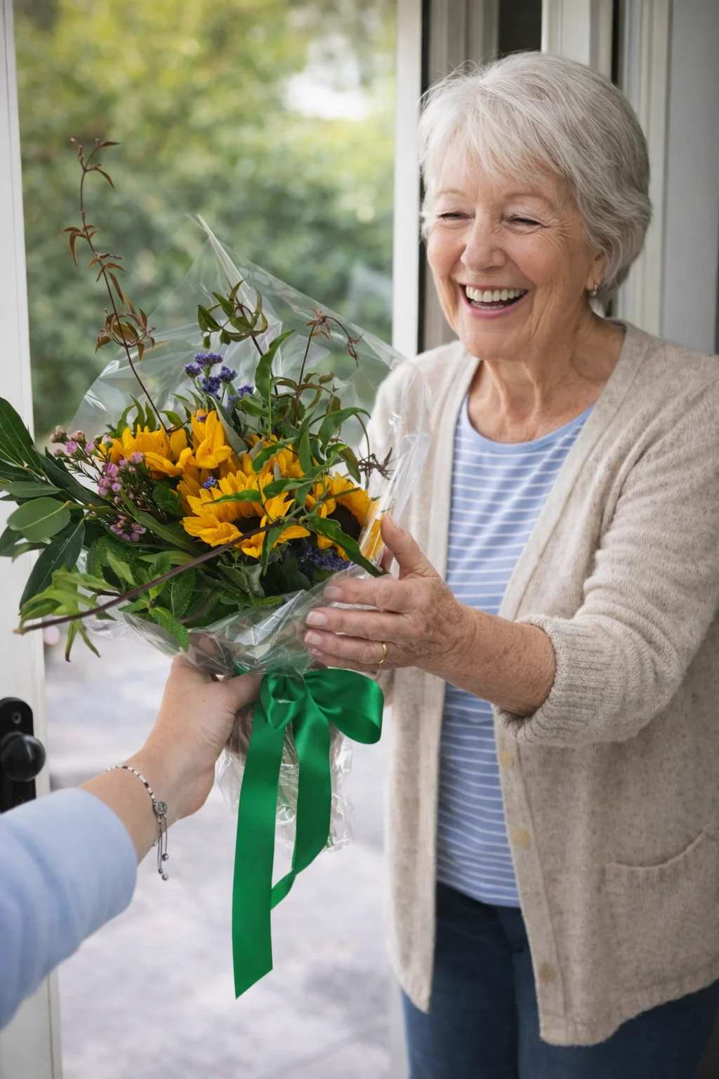 Bouquet of yellow sunflowers and purple flowers wrapped in clear plastic with a green ribbon