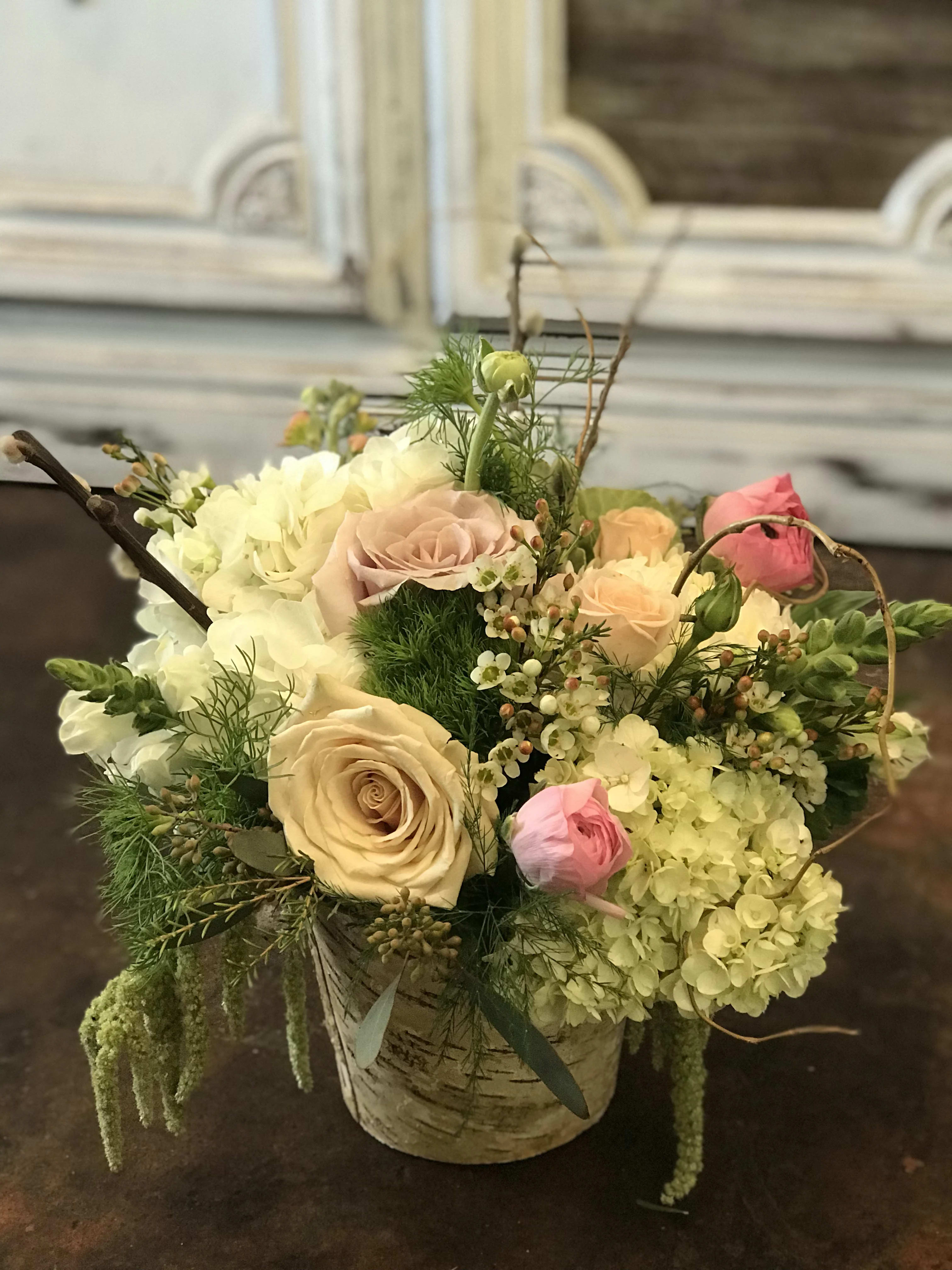 Quicksand - Group like flowers together to create focal points in the arrangement with quicksand rose and white flowers, low and compact design made in a wooden box.