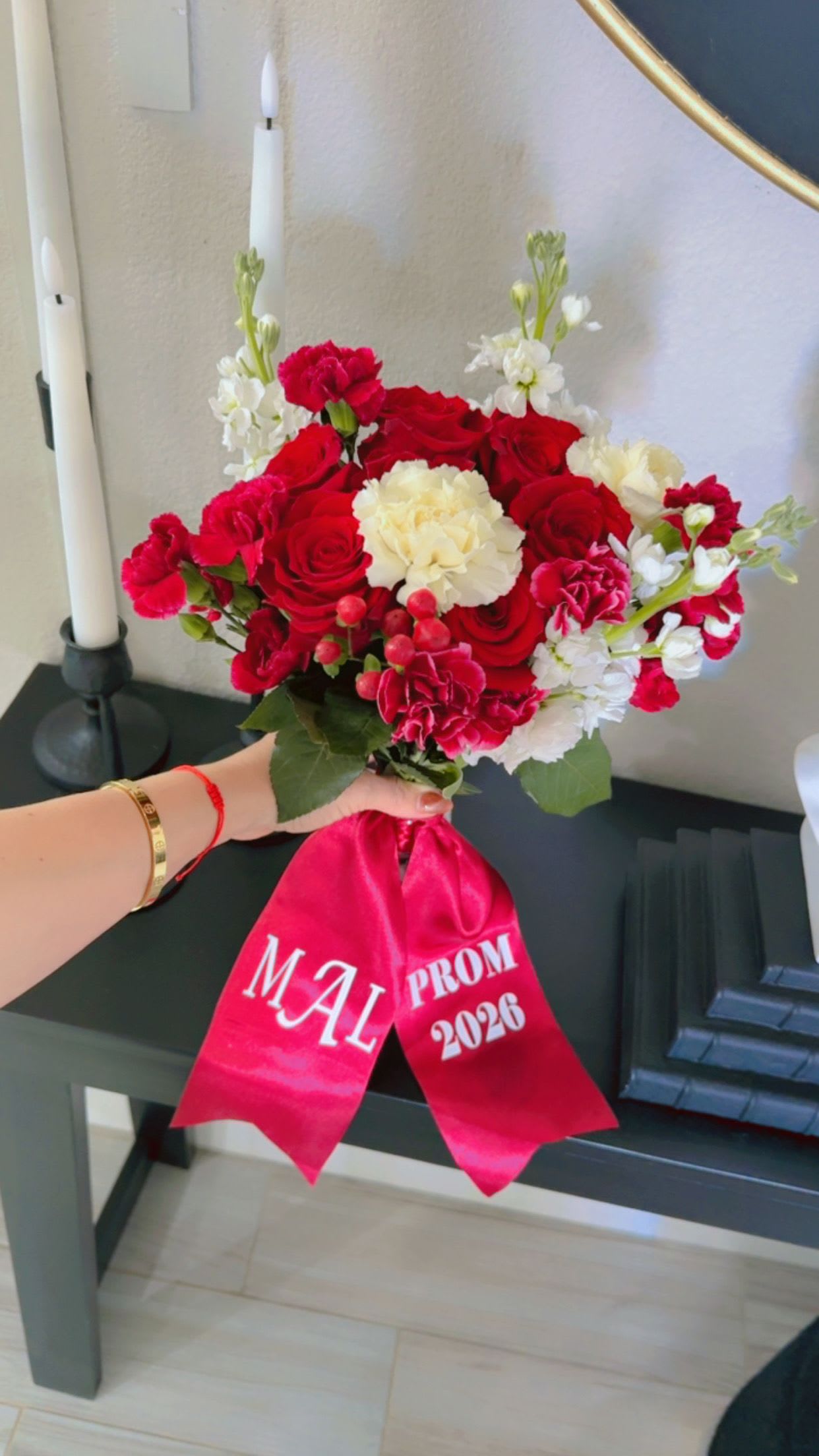 Timeless Red Romance Prom Bouquet - A classic arrangement of rich red roses with soft white accents for a timeless look. Designed to stand out and finished with a custom personalized ribbon.